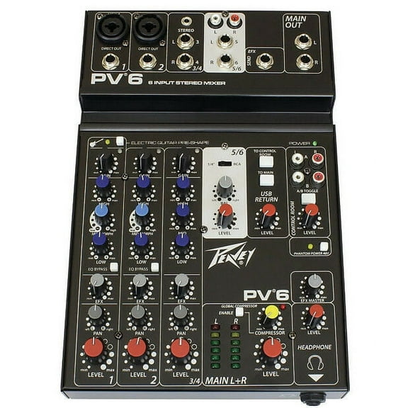 Peavey PV 6 v2 Mixer with USB 6channel Compact Mixer with 2 Mic/Instrument Input
