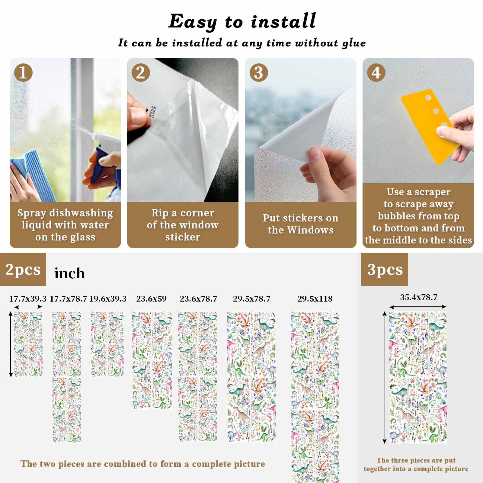 Spring Dinosaurs Window Privacy Film, Farmhouse Botanical Floral Watercolor Static Cling UV Sun Blocking Tint Film Heat Control Windows Films for Bedroom Bathroom, Window Stickers 23.6"x59"