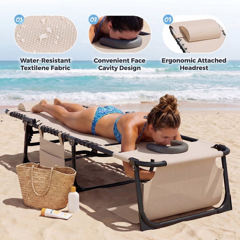 Lacoo Teslin Foldable Lounge Chair, Outdoor Chaise Lounge with Sauna, 5-Position Adjustable Beach Chair, Beige