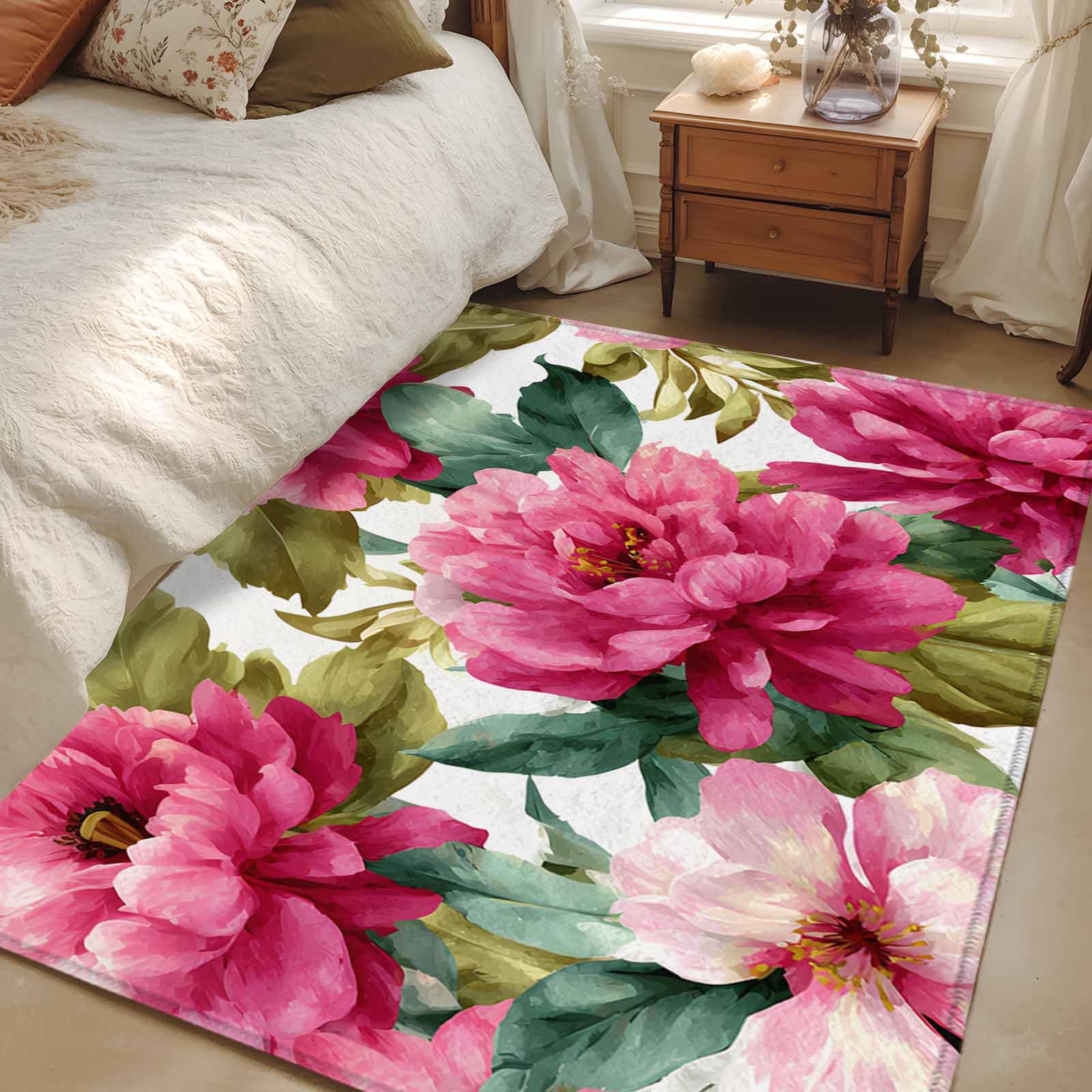 Pink Floral Area Rugs 4'x6', Washable Small Throw Rugs for Office Bathroom, Watercolor Flowers Leaves Plants Watercolor Indoor Outdoor Rug Non-Slip Low Pile Carpet Runner Reversible Floor Mats