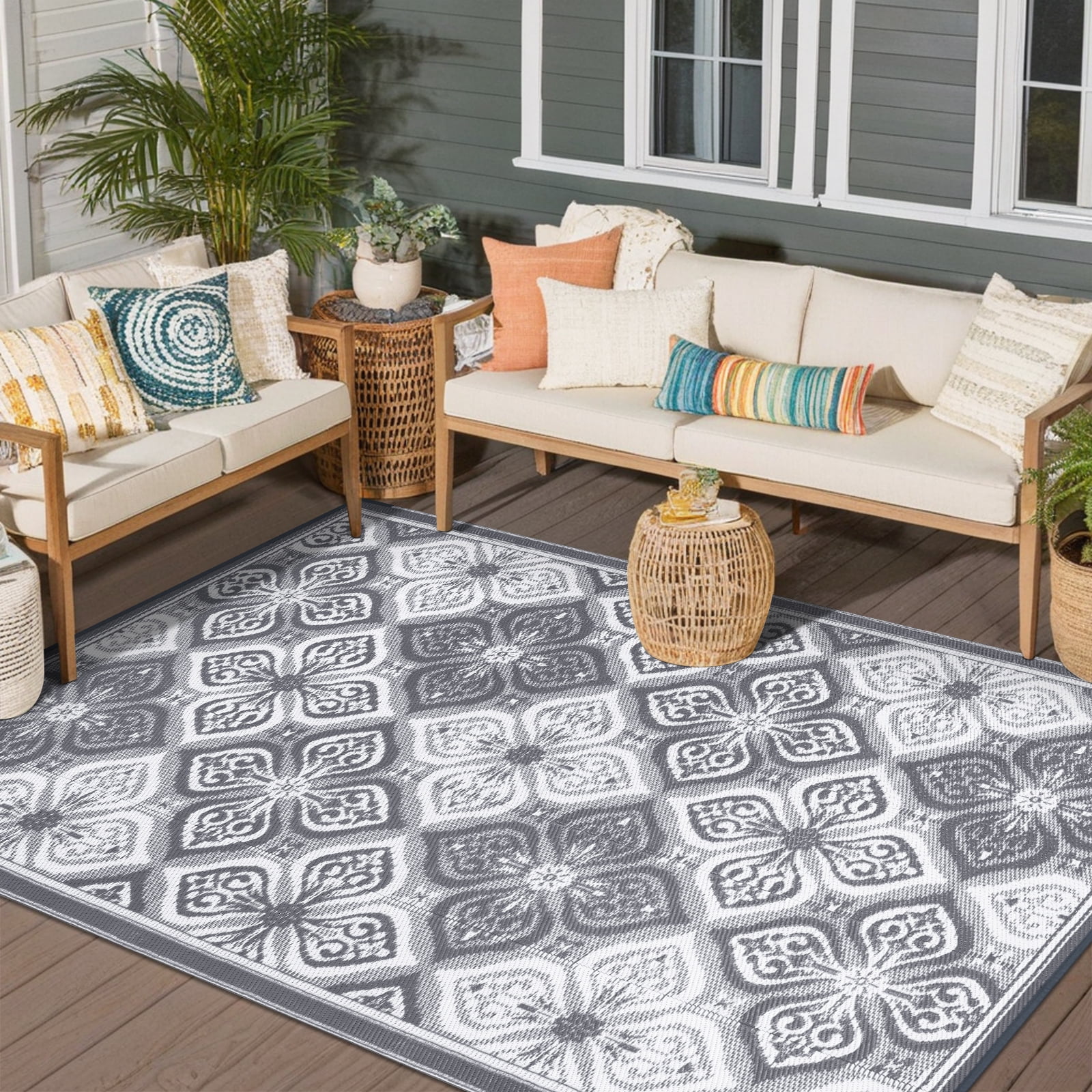 LOKHOM Outdoor Rug for Patios, 6'x9' Waterproof Reversible Patio Mat, Plastic Outside Rug for RV, Patio, Deck, Balcony, Camper, Porch, Tent