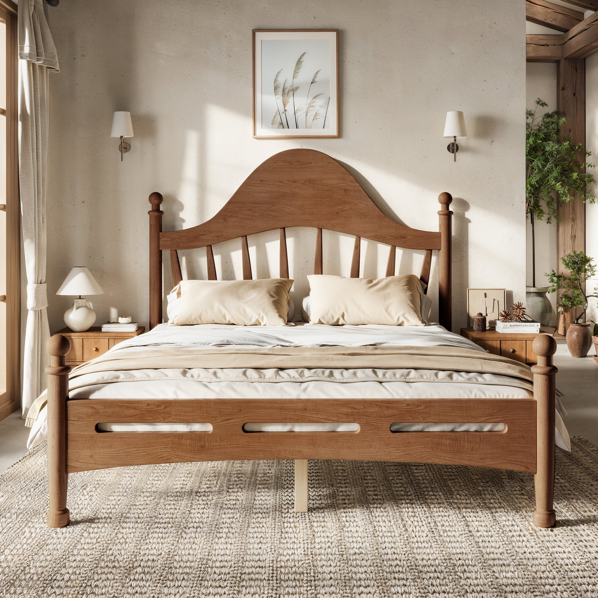 Mintazer Full Size Platform Bed with Vintage Chic Headboard, Solid Pine Bed Frame with Slatted Support for Boys Gilrs Teens, Antique Brown