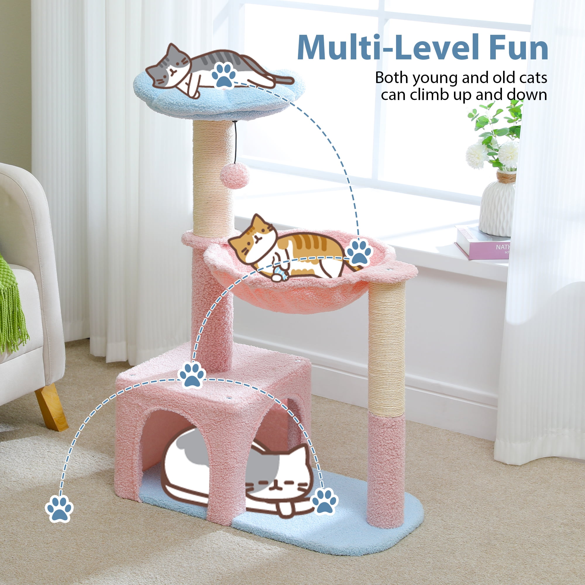 PAWZ Road 36.6" 4-in-1 Flower Cat Tree Tower with Cute Perch Scratching Posts for Indoor Cats, Blue