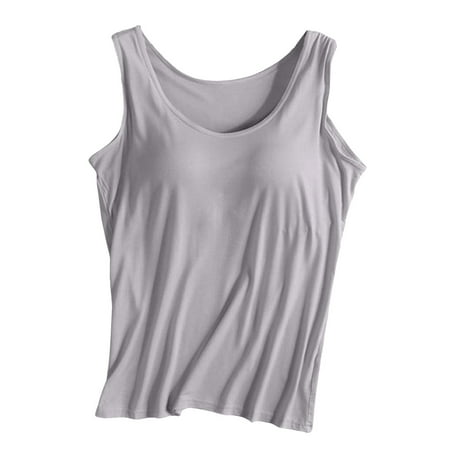 MIASHUI Women Solid Color Tank Top with Bra Wide Strap Yoga Sports Vest Grey S