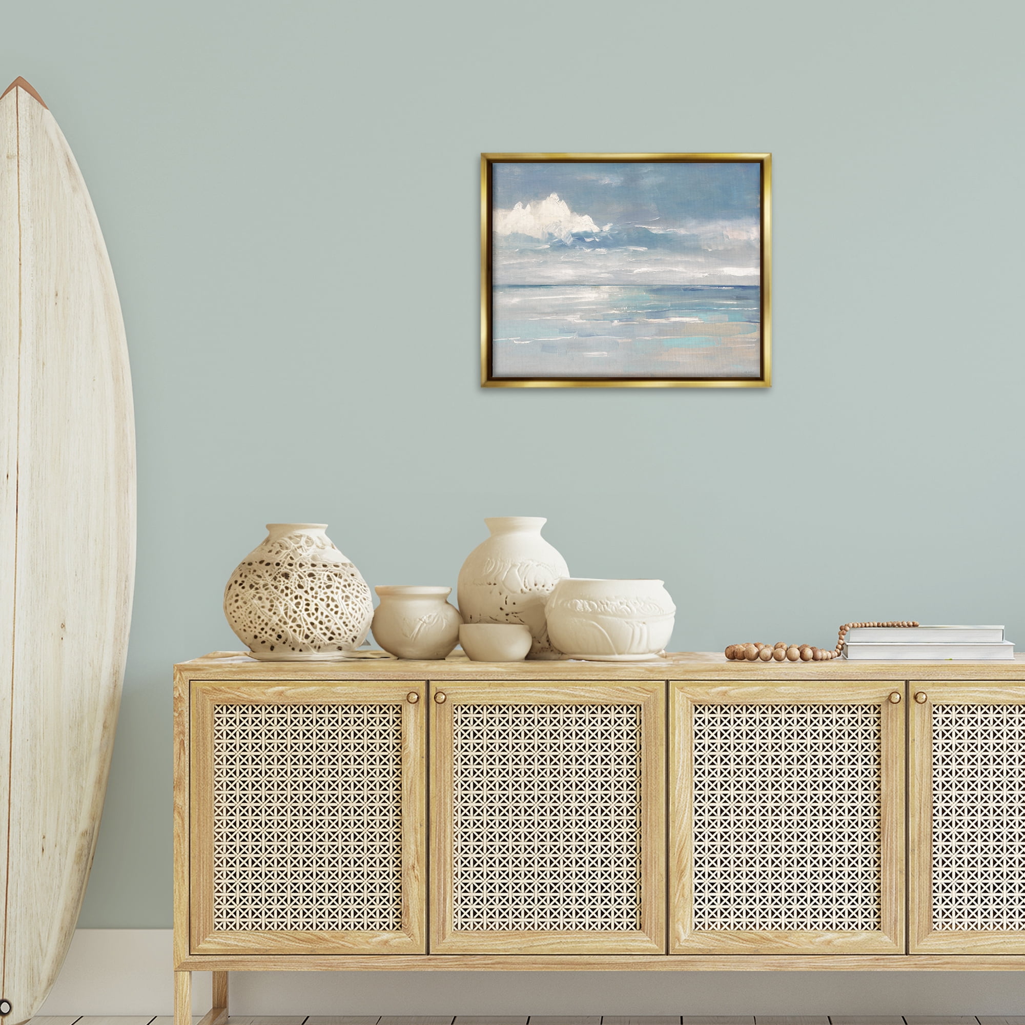 Stupell Industries Beach Clouds Reflection Landscape Painting Gold Floater Framed Canvas Art Print Wall Art, 21 x 17
