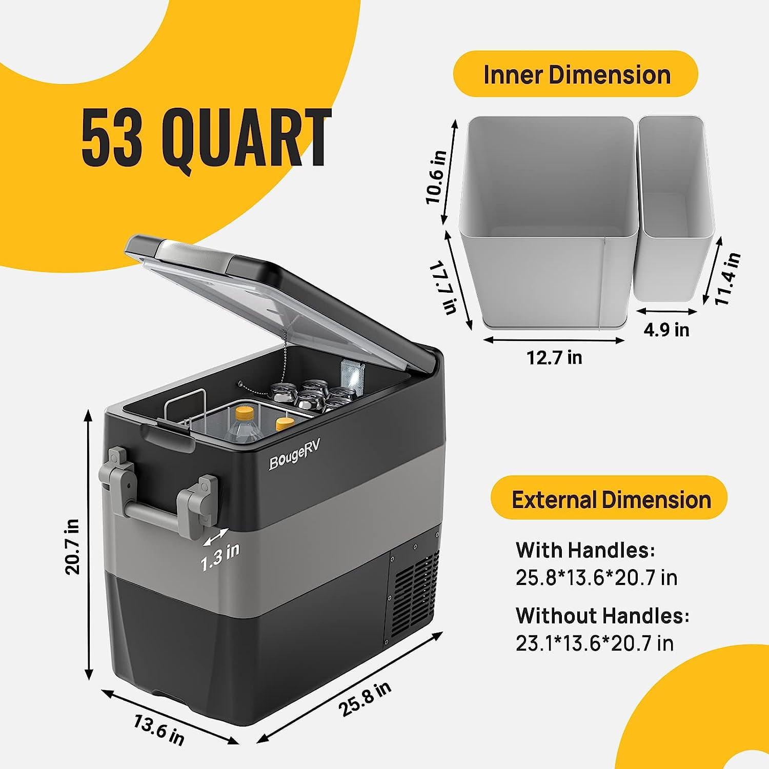 BougeRV Car Refrigerator 53 Qt, 12 Volt Refrigerator Portable Freezer, 12V/24V DC 110~240 Volt AC Car Fridge with -4℉~50℉ Cooling Range for RV Camper Truck Vehicle Van Boat Outdoor Use