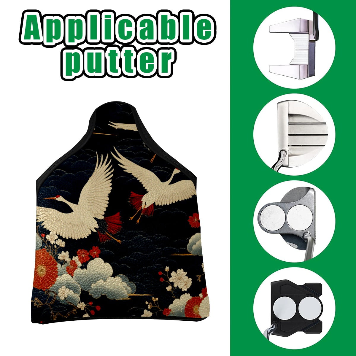 Golf Mallet Putter Cover Premium Leather Waterproof Golf Putter Head Cover with Magnetic Closure Cranes White Clouds