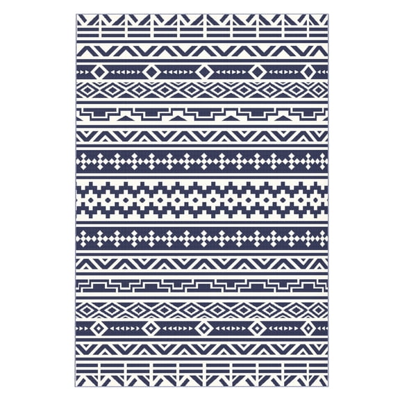 Outdoor Rug 6x9 Reversible Waterproof Plastic Straw Rug with Carry Bag - Blue & White Geometric Patio Rug for Camping, Beach, RV