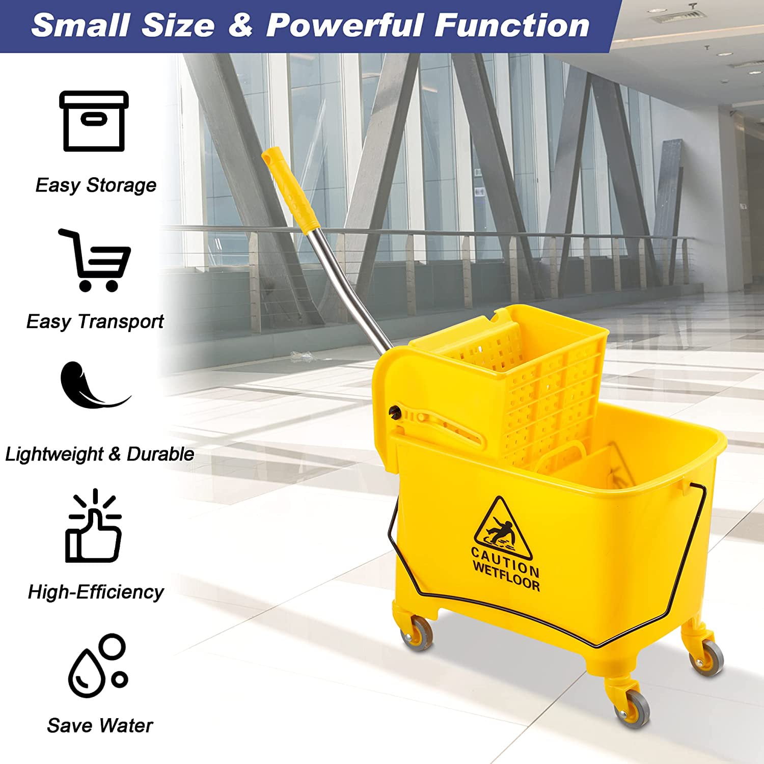 Mop Bucket with Wringer on Wheels, Heavy Duty All-in-One Tandem Mopping  Bucket