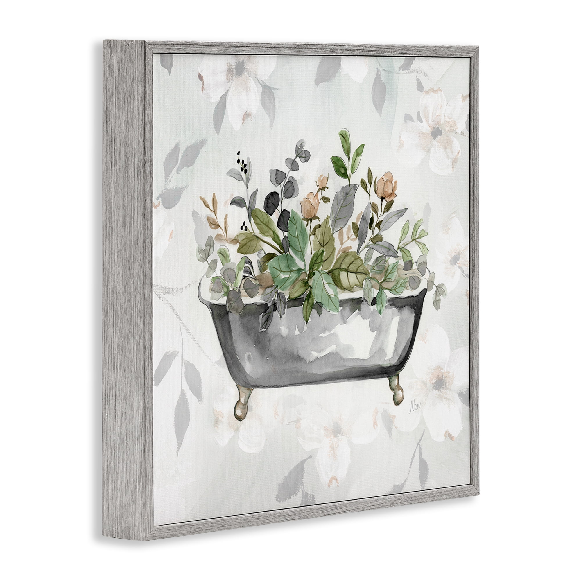 Stupell Industries Leaf Patterned Bath Typography Painting Gray Framed Art Print Wall Art, 24 x 24