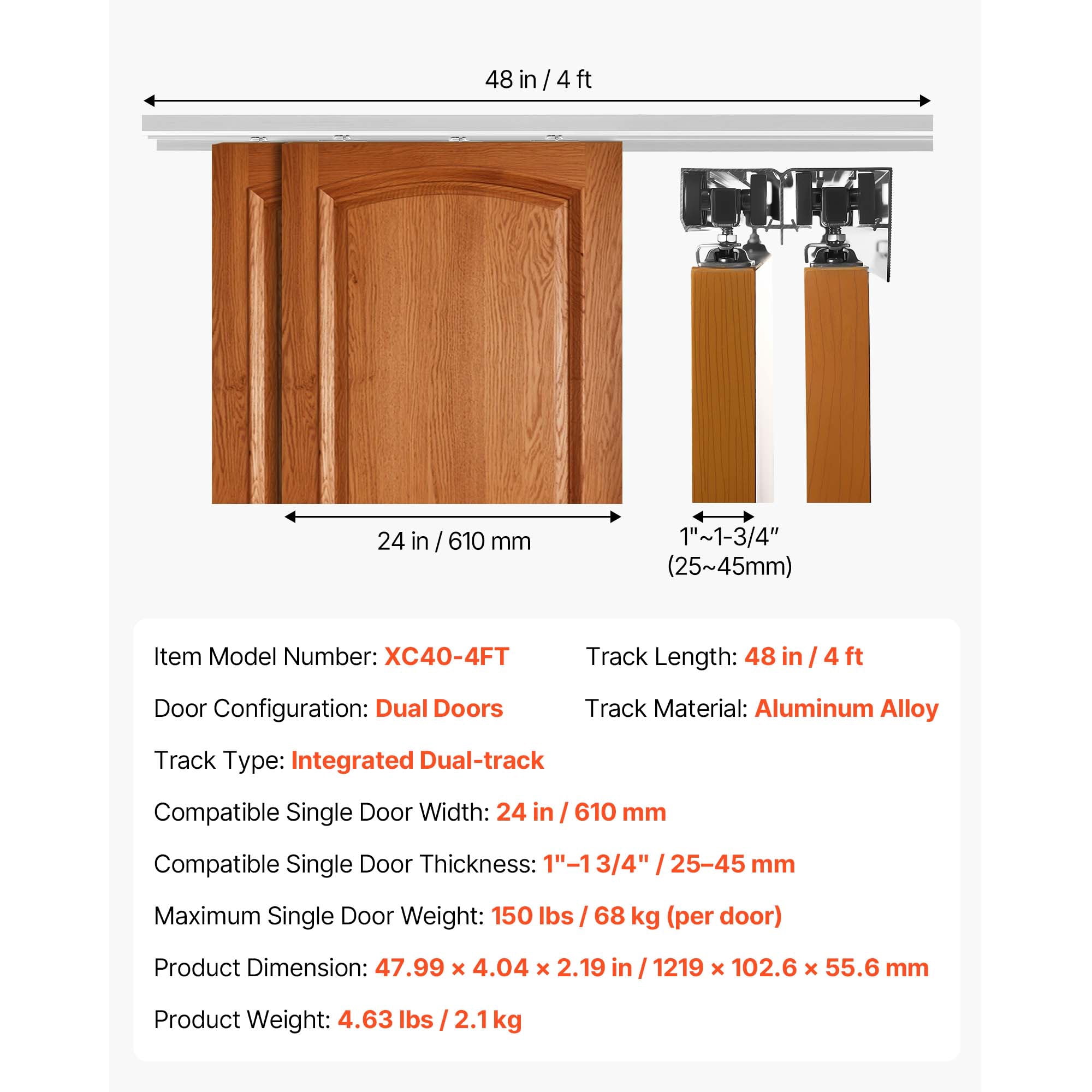 KFFKFF 4 ft Aluminum Alloy Bypass Sliding Door Hardware Kit, Dual-Track System for Smooth and Quiet Operation, Compatible with 1" to 1 3/4" Thick Doors, Fits 24" Wide 2-Door Closets,Easy Installation