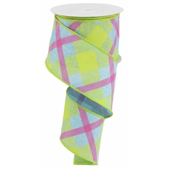 Printed Plaid On Royal Wired Ribbon, Blue Lime Green Hot Pink - 2.5 Inches x 10 Yards (30 Feet)