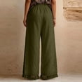 thumbnail image 3 of WULMLEO Womens Wide Leg Linen Pants Summer Boho Flowy Elastic Waist Trousers Baggy Side Slit Fringed Hem Bottoms with Pockets Army Green L, 3 of 5