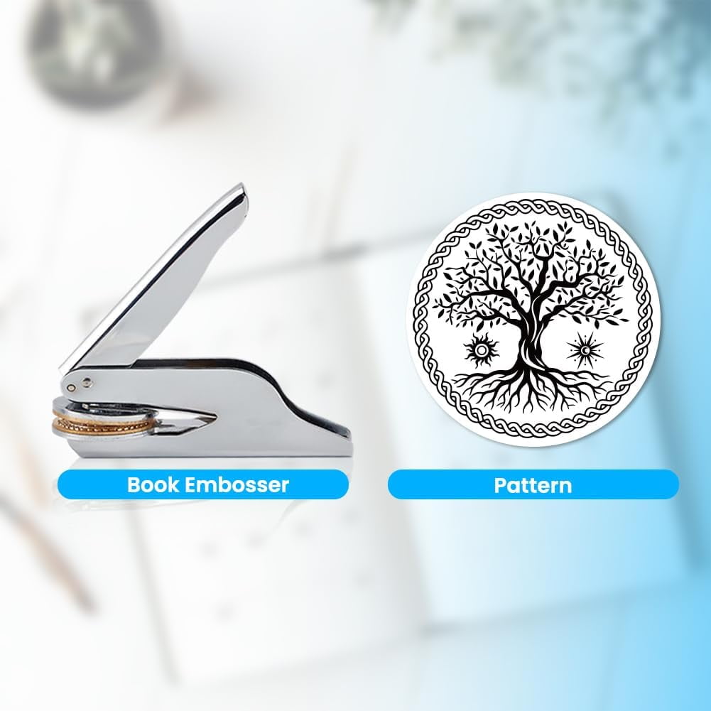Book Embosser Personalized Tree of Life Pattern Book Stamp Durable Library Stamp with Handle Set for Books Library Envelopes Documents Invitation Gold