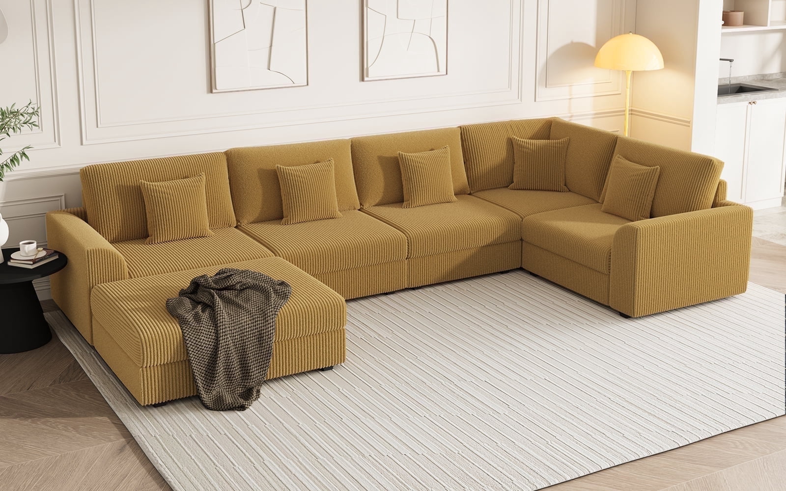 Advwin 146" Oversized Corduroy Modular Sectional Sofa, 6-Seat Convertible Sleeper Sofa with Ottoman & 5 Pillows, Modern L-Shaped Lounge Couch for Living Rooms, Yellow