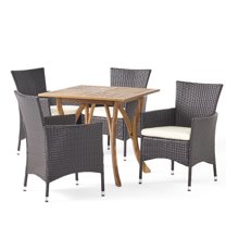 GDF Studio Hahn Outdoor Acacia Wood and Wicker 5 Piece Dining Set with Cushions, Teak, Multibrown, and Beige