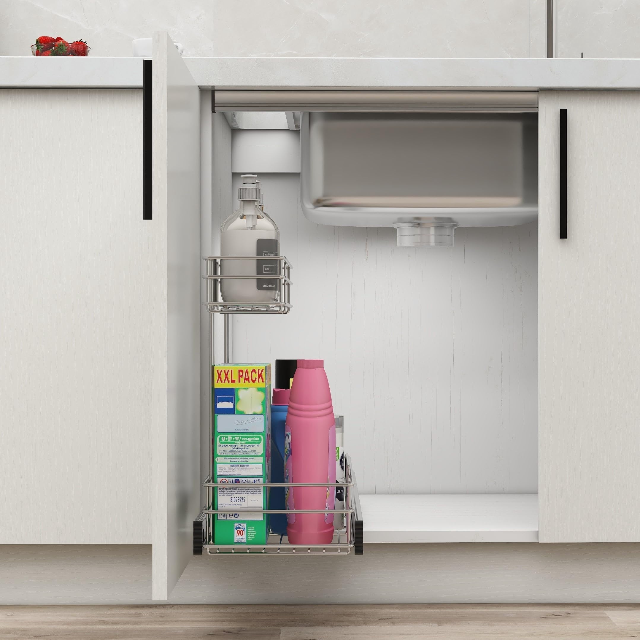 STORKING Under Sink 2-Tier Pull-Out Organizer, 9"W x 17"D Chrome Plated, for Kitchen Bathroom Pantry Closet Rack, 2 Pack