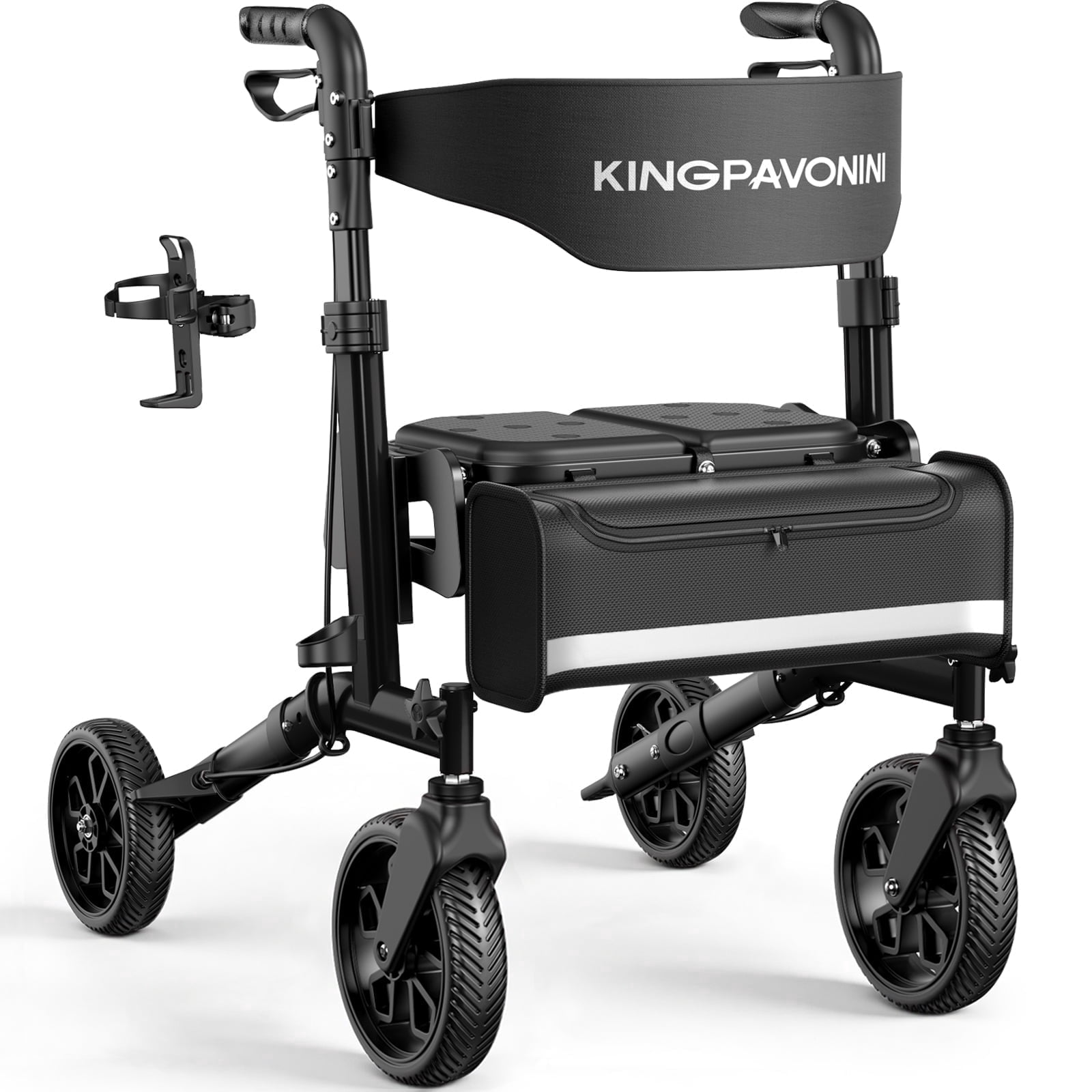 KingPavonini Foldable Rollator Walker for Seniors with Seat, 380 lbs, Black | 6 Heights Fit 4'8"-6'4", Rolling Walker with Dual-Layer Seat, Compact Portable Mobility Aid for Indoor Outdoor, All-Terra