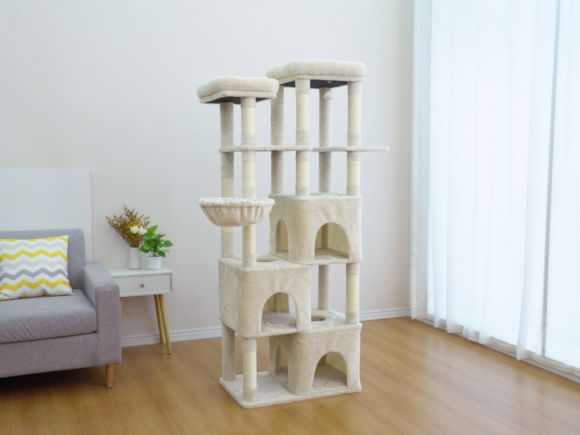 Vibrant Life Heavy Duty 7-Level 70" Cat Tree with Three Condos and Hammock, Beige