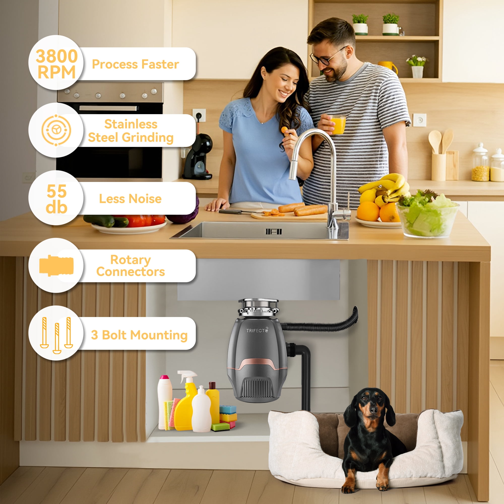Trifecte 3/4HP Garbage Disposal, 3800RPM DC Motor Continuous Feed Food Waste Disposal with Power Cord