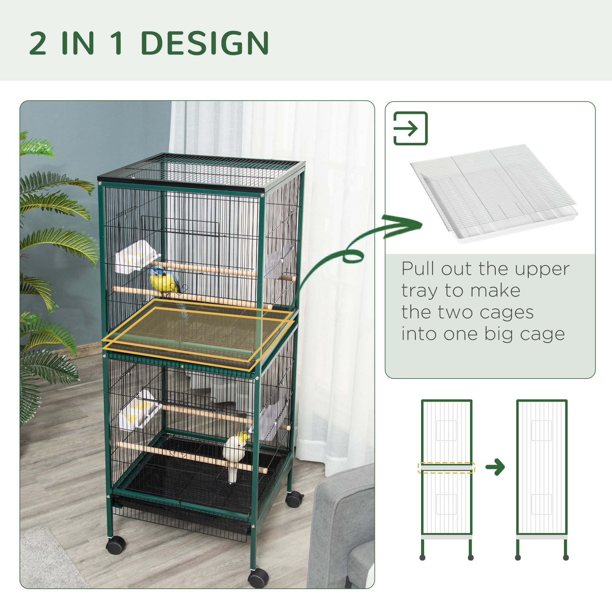 PawHut Large Bird Cage with 1.7 ft. Width for Wingspan, Bird Aviary Indoor with Multi-Door Design, Fit for a Canary, Finch, Conure, 55"