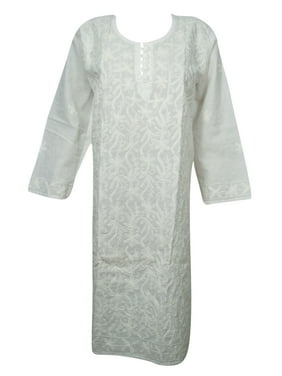 Mogul Women's Indian Floral White Long Tunic Dress L