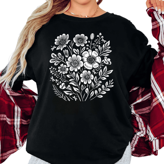UNISHE Women's Minimalist White Wildflower Bouquet Dragonfly Leaf Line Art Graphic Short Sleeve T-shirt Relaxed Fit