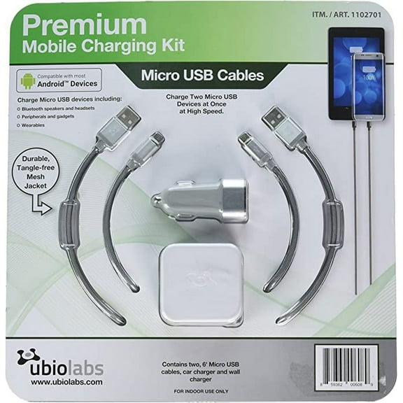 Ubiolabs Dual Wall and Car Charger Kit with 2 6ft Micro USB Woven Cables 1102701