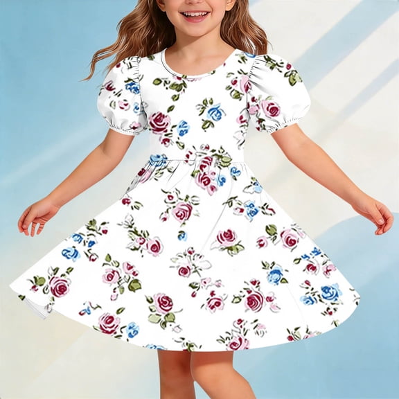 Amidoa Girl Dresses A-Line Twirl Skater Short Sleeve Dress Summer Casual Sundress for Kids White Size 12