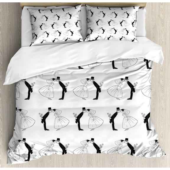 Kissing Duvet Cover Set King Size, Hand Drawn Marriage Composition of Multitude Repetitive Newlyweds Motifs, Decorative 3 Piece Bedding Set with 2 Pillow Shams, White Charcoal Grey, by Ambesonne