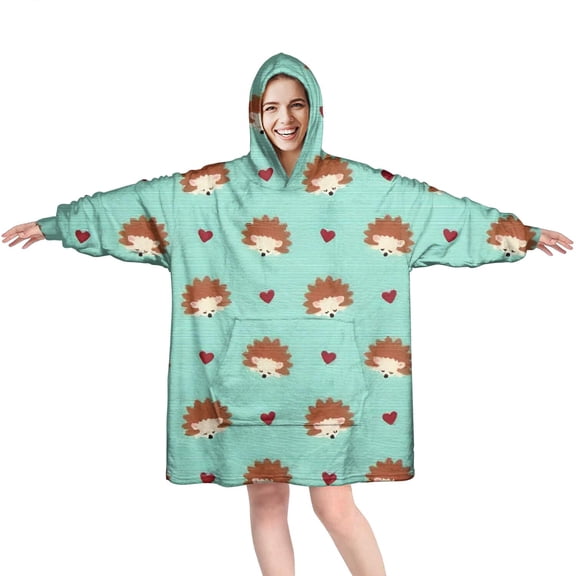 Cute Hedgehog and Love Wearable Oversized Blanket,Wearable Blanket Hoodie for Adults,Cozy Hooded Blankets with Super Pockets,Super Warm Fuzzy Pullover for Women & Men
