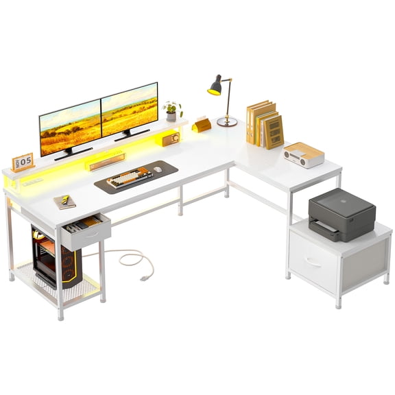 Romorgniz 63" L-Shaped Desk with 2 Drawers and Printer Stand,Computer Desk with Led Lights & Power Outlets,Monitor Stand for home office,corner,White