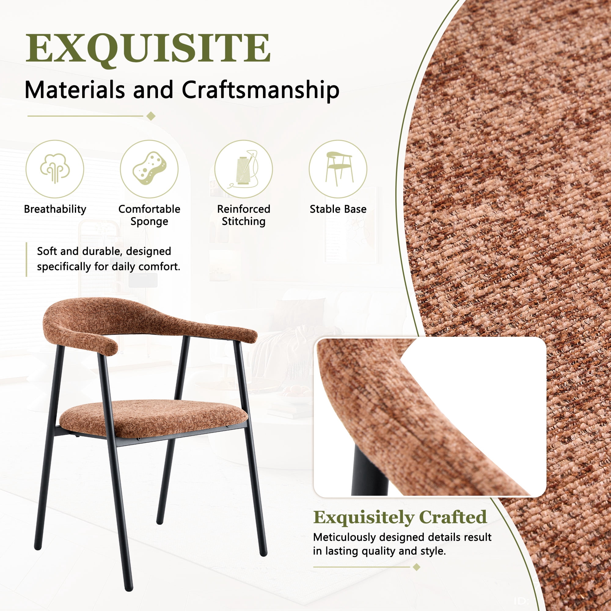 Leumius Dining Chairs Set of 4,Sofa Fabric Dining Room Chairs with Cushion Seat and Metal Legs,Modern Minimalist Style Kitchen Chairs for Kitchen Living Room,Easy Assembly,Caramel Fabric