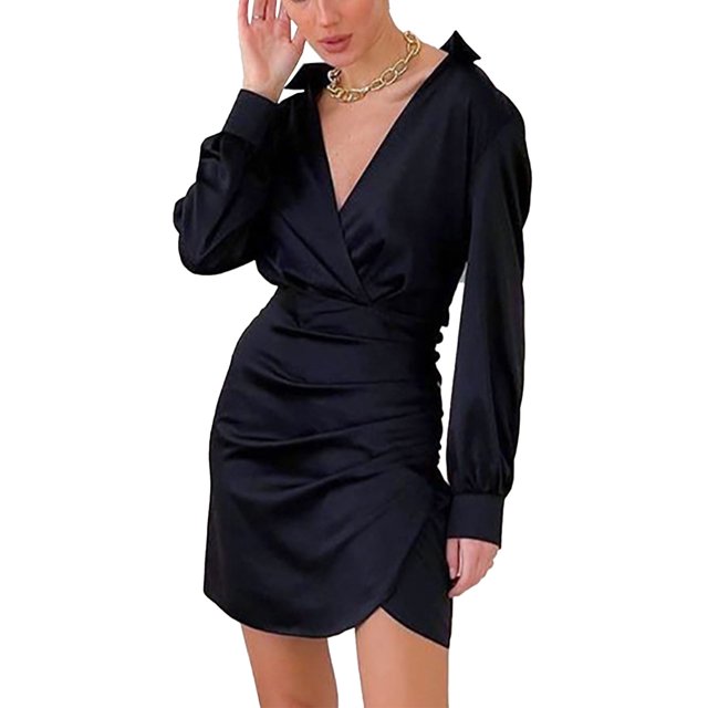 Vestido Cruzado Con Cuello En V, Color Puro, Transpirable, Elegante, Suave, Elegante, Cuello Vuelto, Manga Larga, Vestido Fruncido Para Mujeres Para El Trabajo De La Vida Diaria ANGGREK JD1711