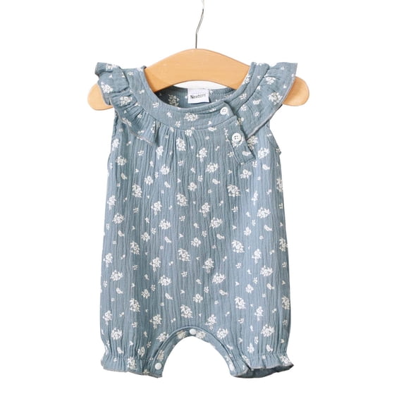 KIMI BEAR Newborn Baby Girls Romper 3-6 Months Baby Girl Summer Clothes Ruffle Sleeveless Floral Bodysuit One-piece Overalls Clothes Blue