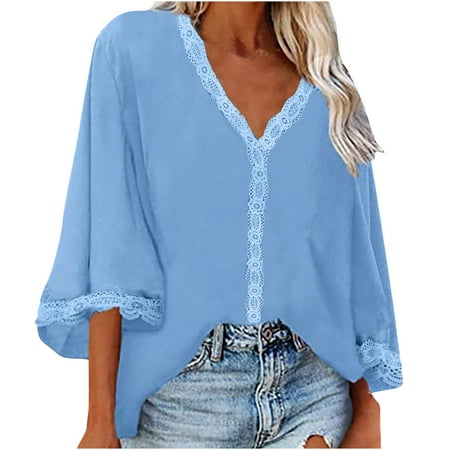

Tank Top for Women Sexy Tops for Women Trendy Women Leisure Spring Summer Lace V-Neck Trumpet Sleeve Overhead Feather Plain Color Loose Fit T-Shirt Top Blouse Tshirts Shirts for Women Blue M