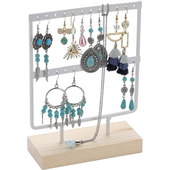 Small Earring Display Stand Holder Organizer Stand 8.3 inch 2 Tier White Jewelry Organizer 24 Hole Jewelry Rack Solid Wooden Base Earring Tree for Studs Dangles