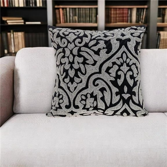 HomeRoots 529340 18 in. Black & Silver Damask Velvet Throw Pillow with Beads