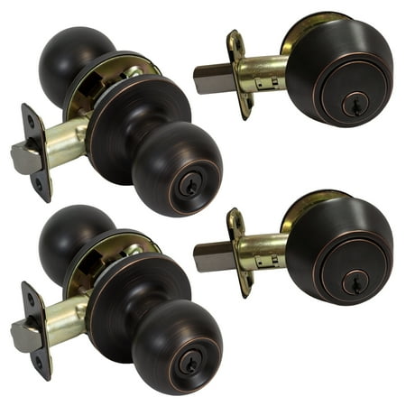 Bell Entry - 2 Pack of Round Ball Keyed Entry Door Knobs with Single Cylinder Deadbolts Combo, Oil Rubbed Bronze