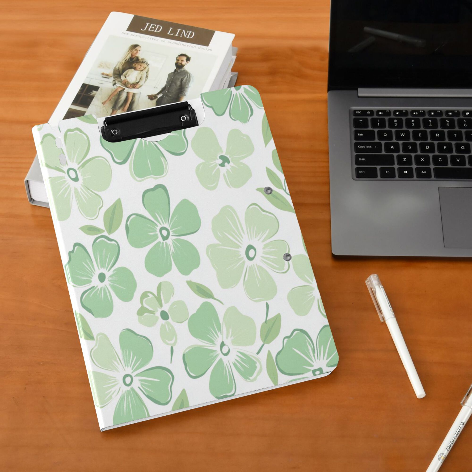 FORMRS A4 Clipboard Folder with Pen Holder Horizontal Foldable School Office Binder, Green Floral