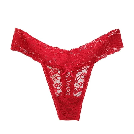 Virmaxy Lace Thongs for Women Alluring Underwear Ice Silk Bikini Panties Silky Comfy Yoga Panties Red M
