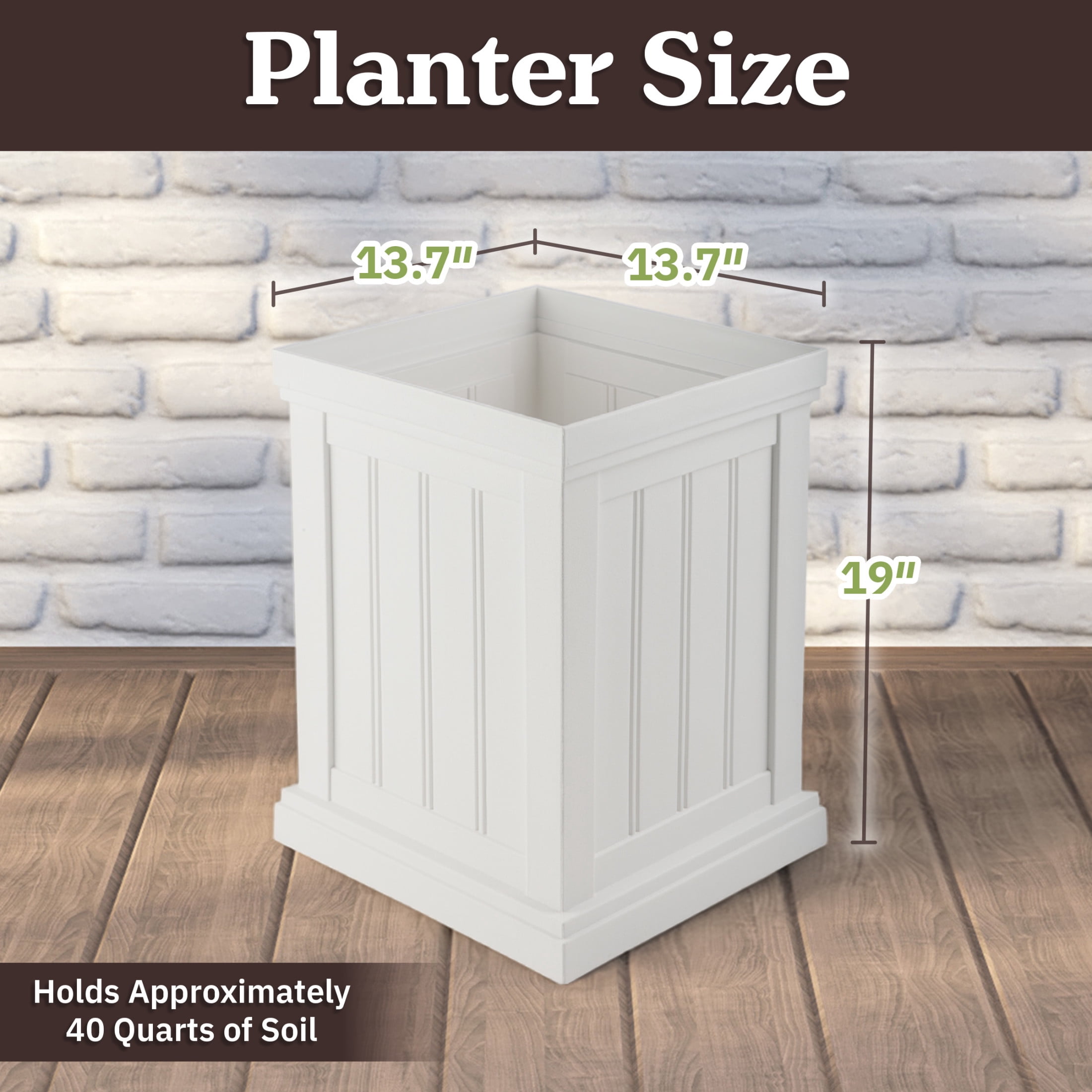 Pure Garden Outdoor Planter Box - 13.7” Square 19” Tall Plastic Plant Pot with Drainage Holes, White