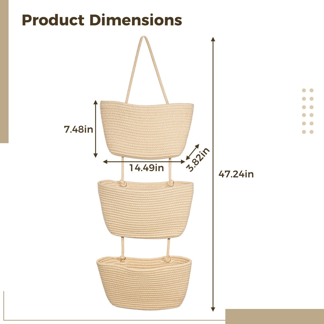 3 Tier Hanging Baskets, Hanging Fruit Baskets, Over The Door Hanging Baskets Large Wall Basket, Storage Organizer Basket for Nursery Living Room Bedroom Kitchen