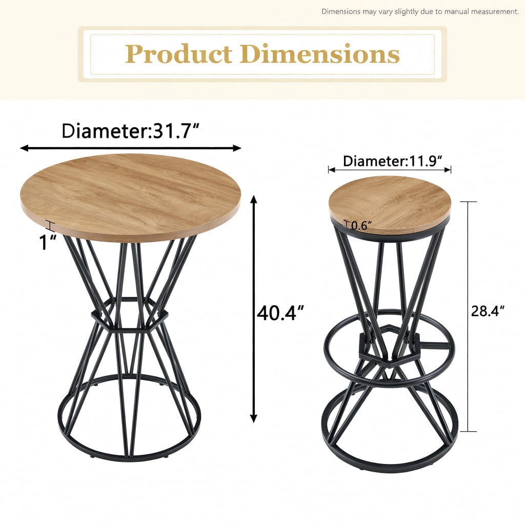 Hommoo Industrial Style 31.5-inch Wood Grain Bar Set, Metal Frame Round Table & 2 Matching Bar Stools for Kitchen Island, Small Apartment, or Home Bar, Natural & Black