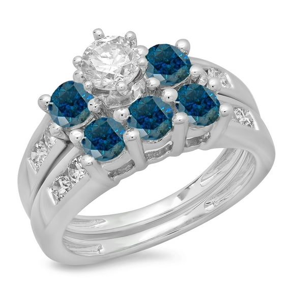 Dazzlingrock Collection 2.25 Carat (ctw) 14K Blue & White Diamond 3 Stone Engagement Ring Set 2 1/4 CT, White Gold, Size 7