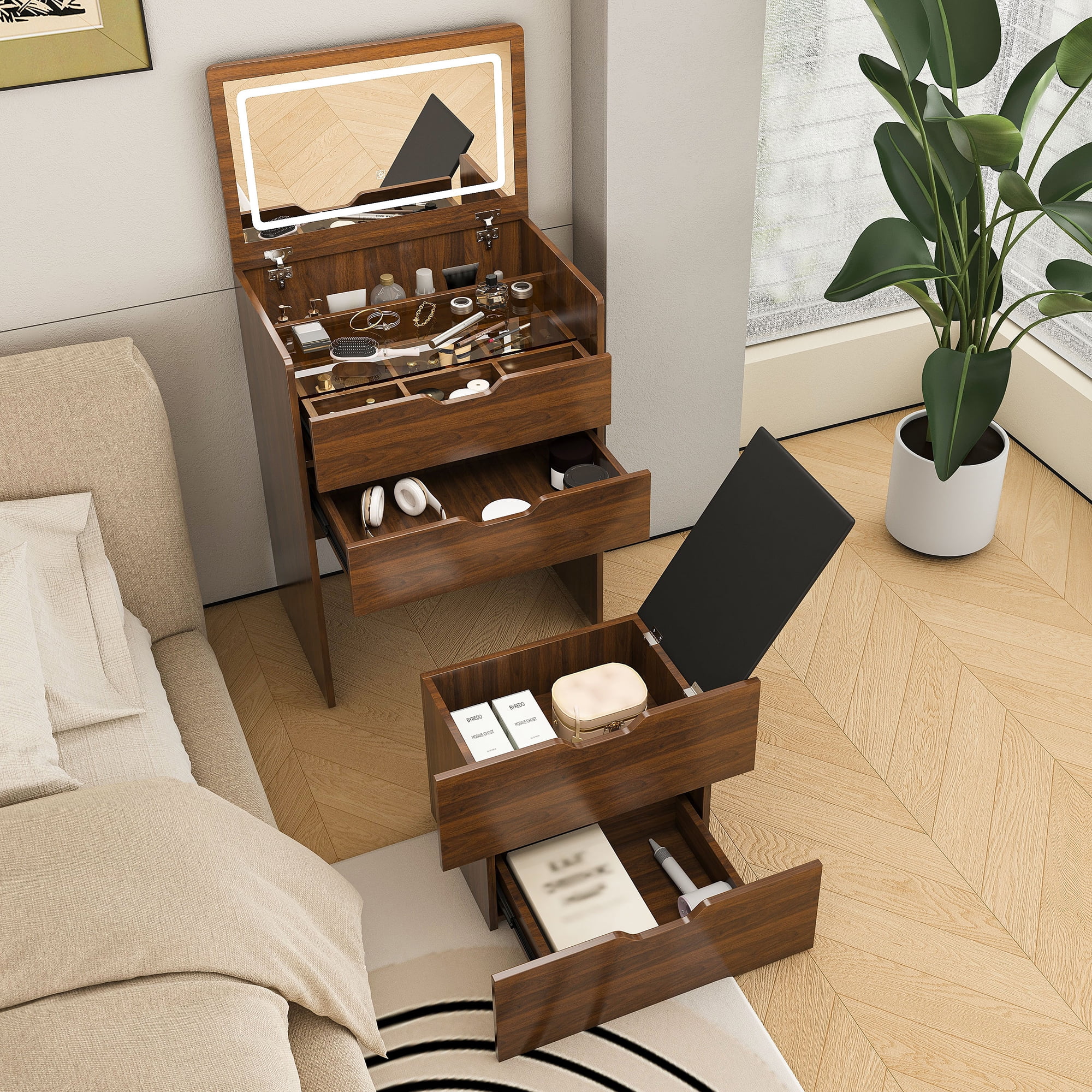 3-in-1 Vanity Desk with Lighted Mirror & Stool, Flip Top Makeup Dressing Table, Compact Storage for Bedroom, Bathroom, Dressing Room (23.62"L, Walnut)