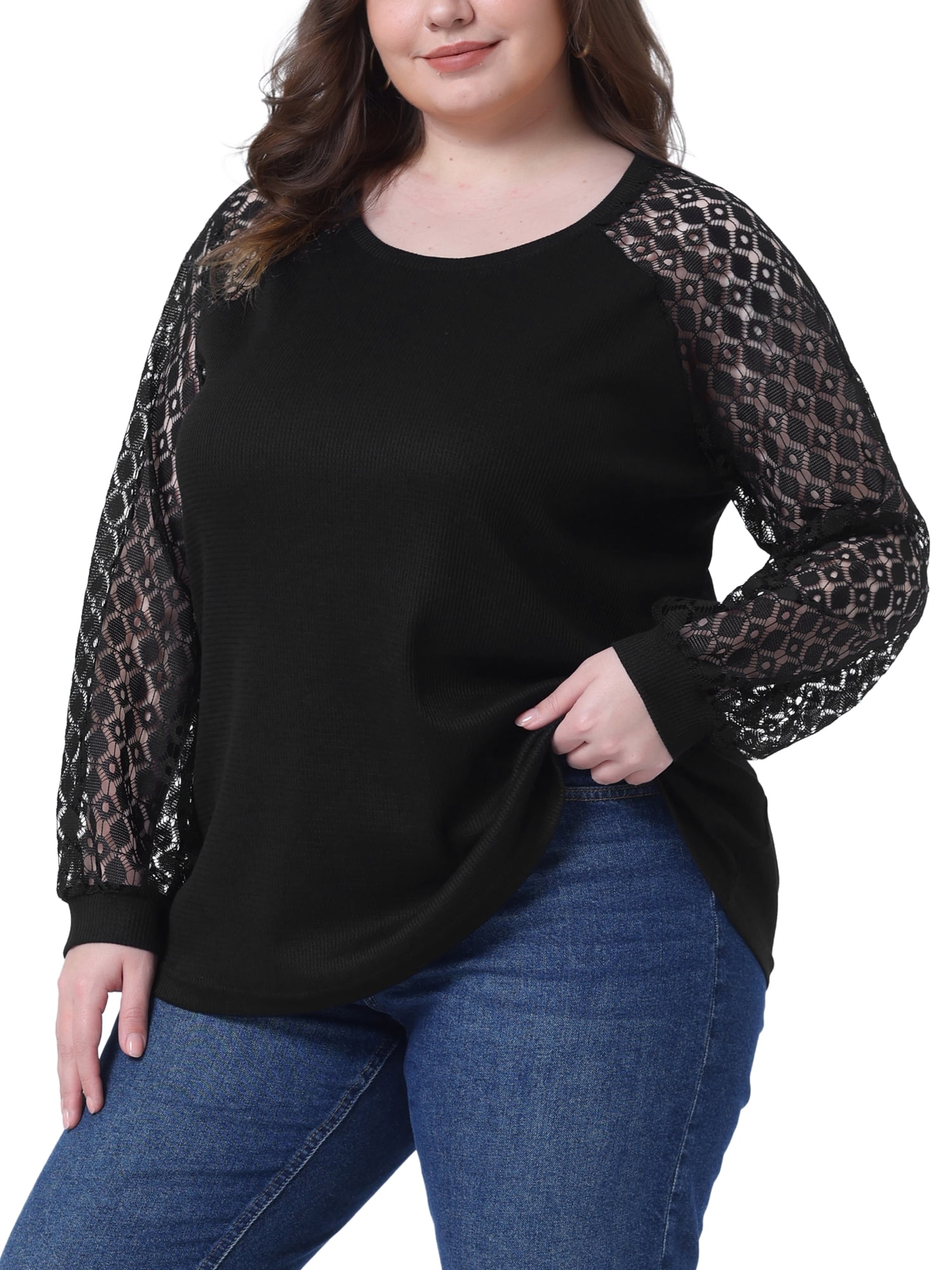 DARING DIVA Women's Plus Lace Crew Neck Long Sleeve Casual Blouse 3X Black