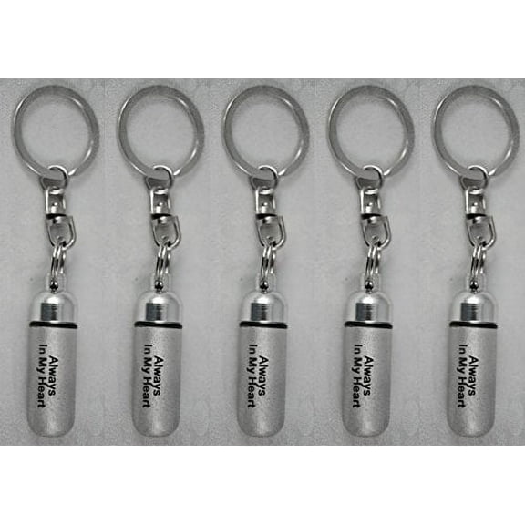Family Set of 5 - LASER ENGRAVED - "Always In My Heart" Brushed Silver CREMATION URN on Stainless Steel Swivel Key Chain