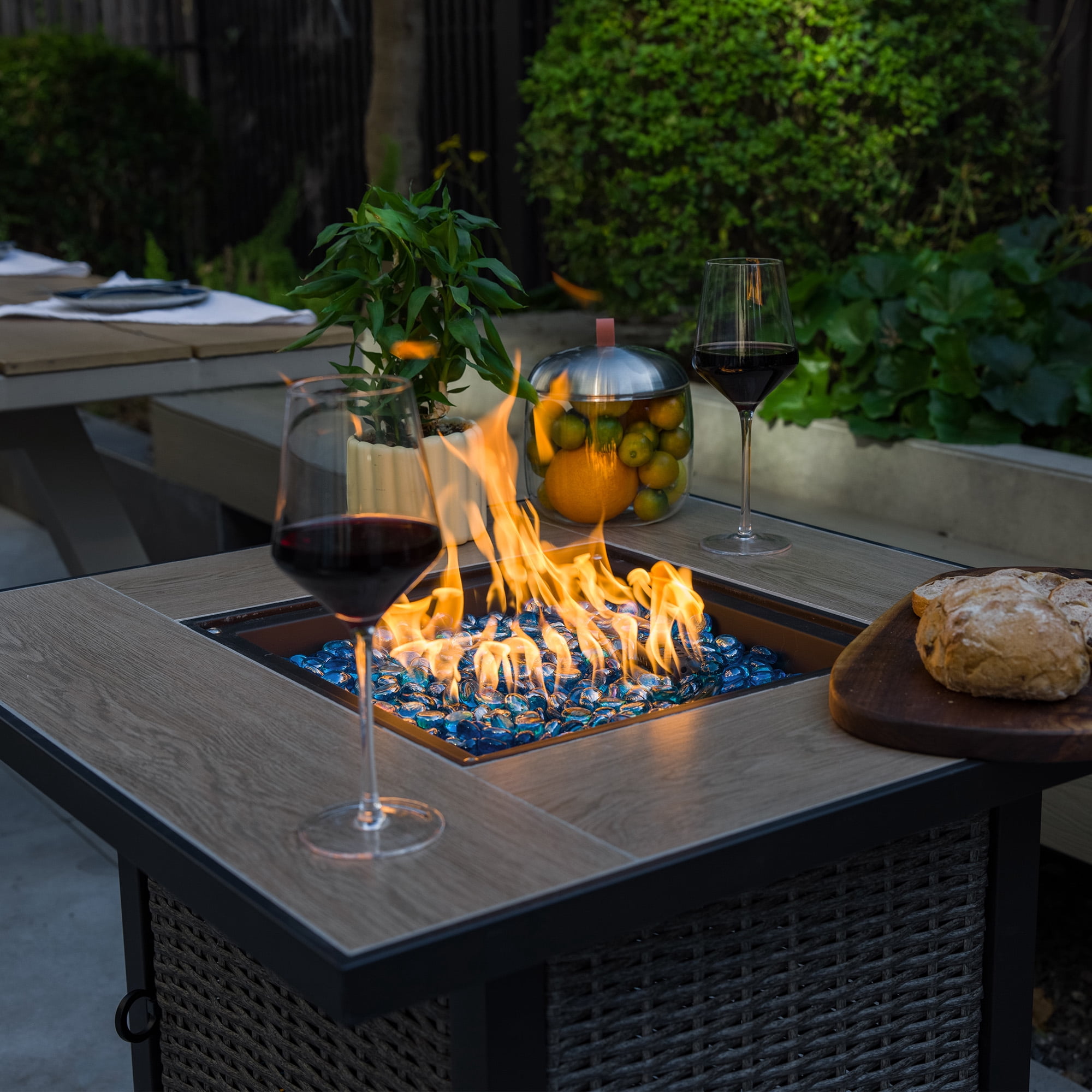 OuterMust 30"Propane Fire Pit Table, 50,000 BTU Electronic-Ignition Rattan Patio Gas Fire Pit with Lid & Blue Glass Bead, Outdoor Fireplace for Dining or Party