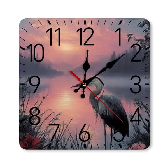 RKSupls 10×10inch Square Silent Wall Clock Wooden Frame, Heron Lake Sunrise Scale Decorative Clock for Home Bedroom Living Room Office